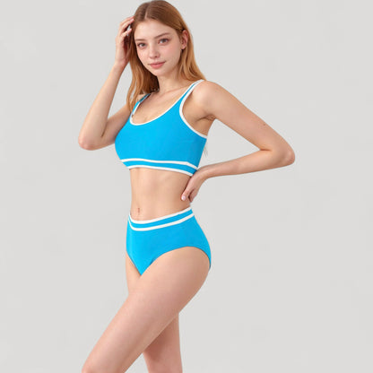 Anna-Kaci Swim Women's Sporty High Waist Bikini Set with Contrast Trim and Scoop Neck Crop Top