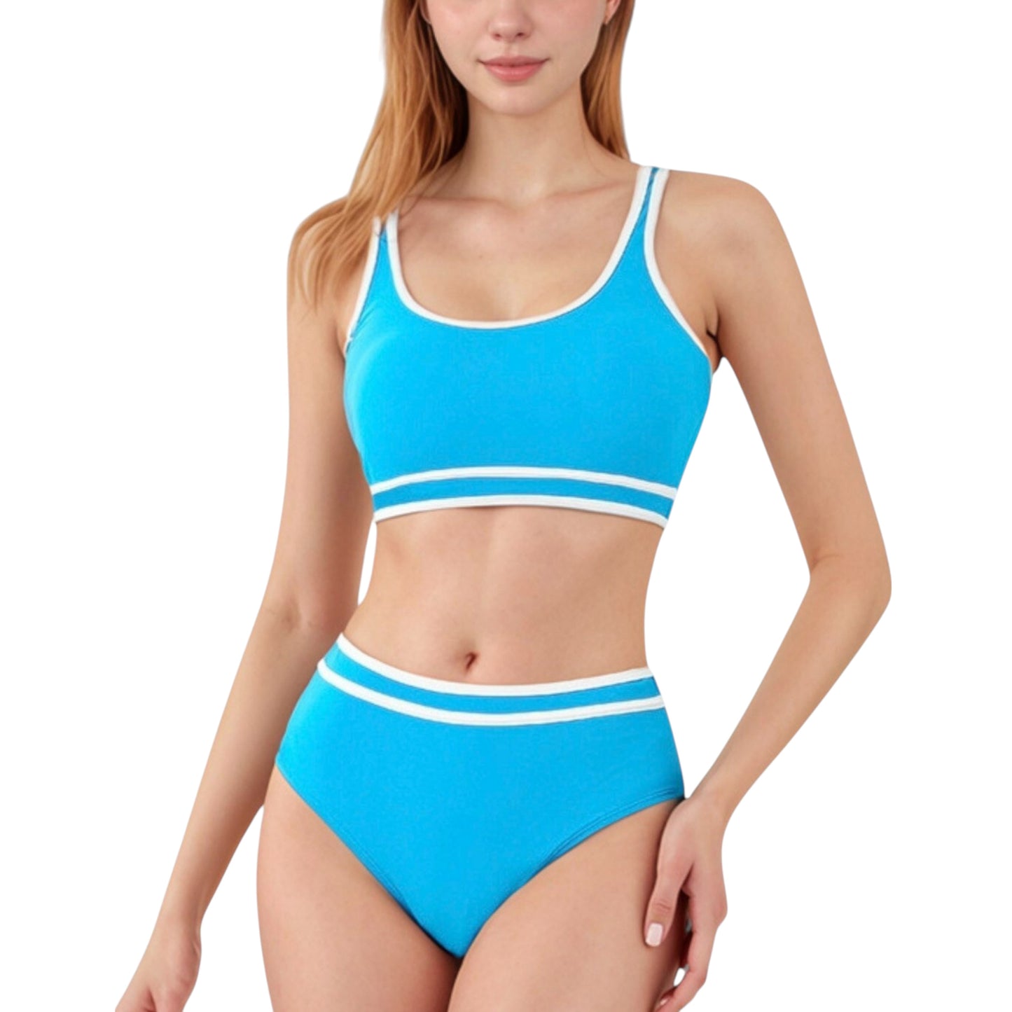 Anna-Kaci Swim Women's Sporty High Waist Bikini Set with Contrast Trim and Scoop Neck Crop Top