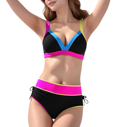 Anna-Kaci Swim Women's Colorblock High Waist Bikini Set with Adjustable Side Ruched Bottoms and V-Neck Supportive Top