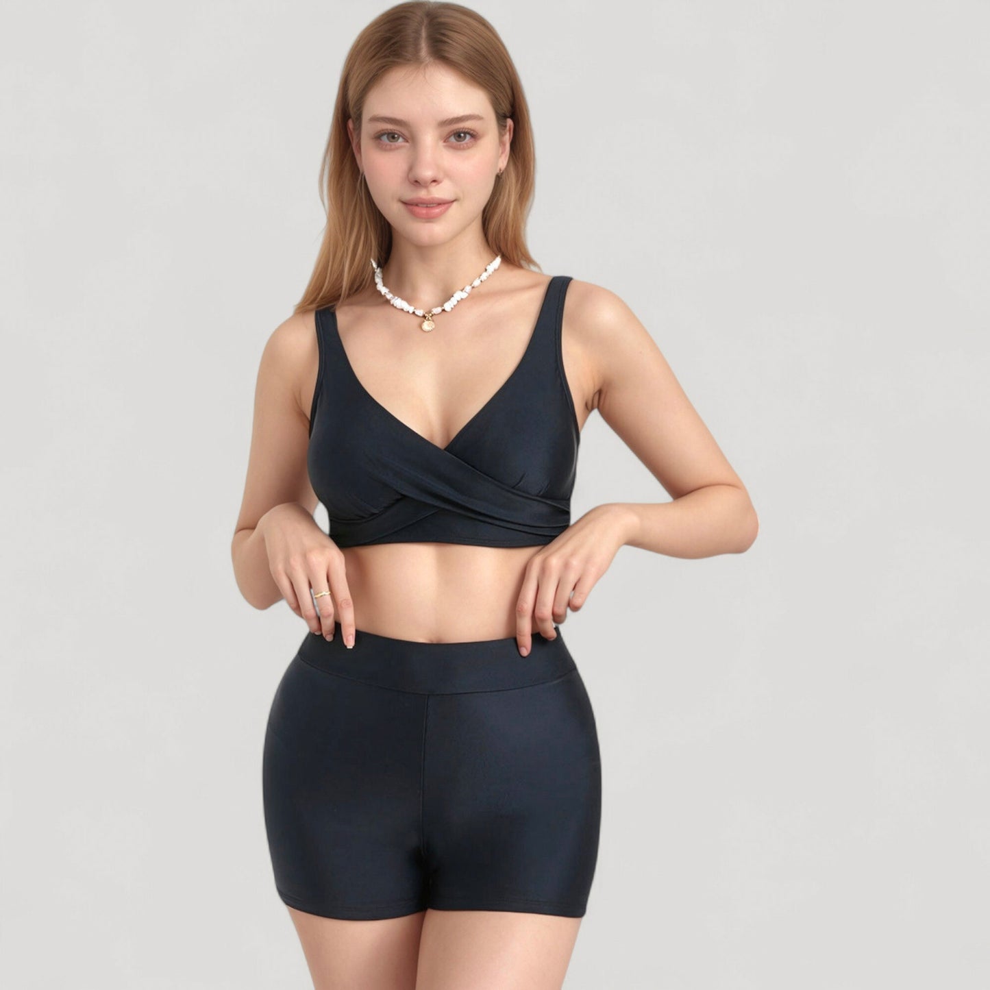 Anna-Kaci Swim Women's Twist Front Bikini Top and High Waist Swim Shorts Set with Supportive Wide Straps and Soft Stretch Fit