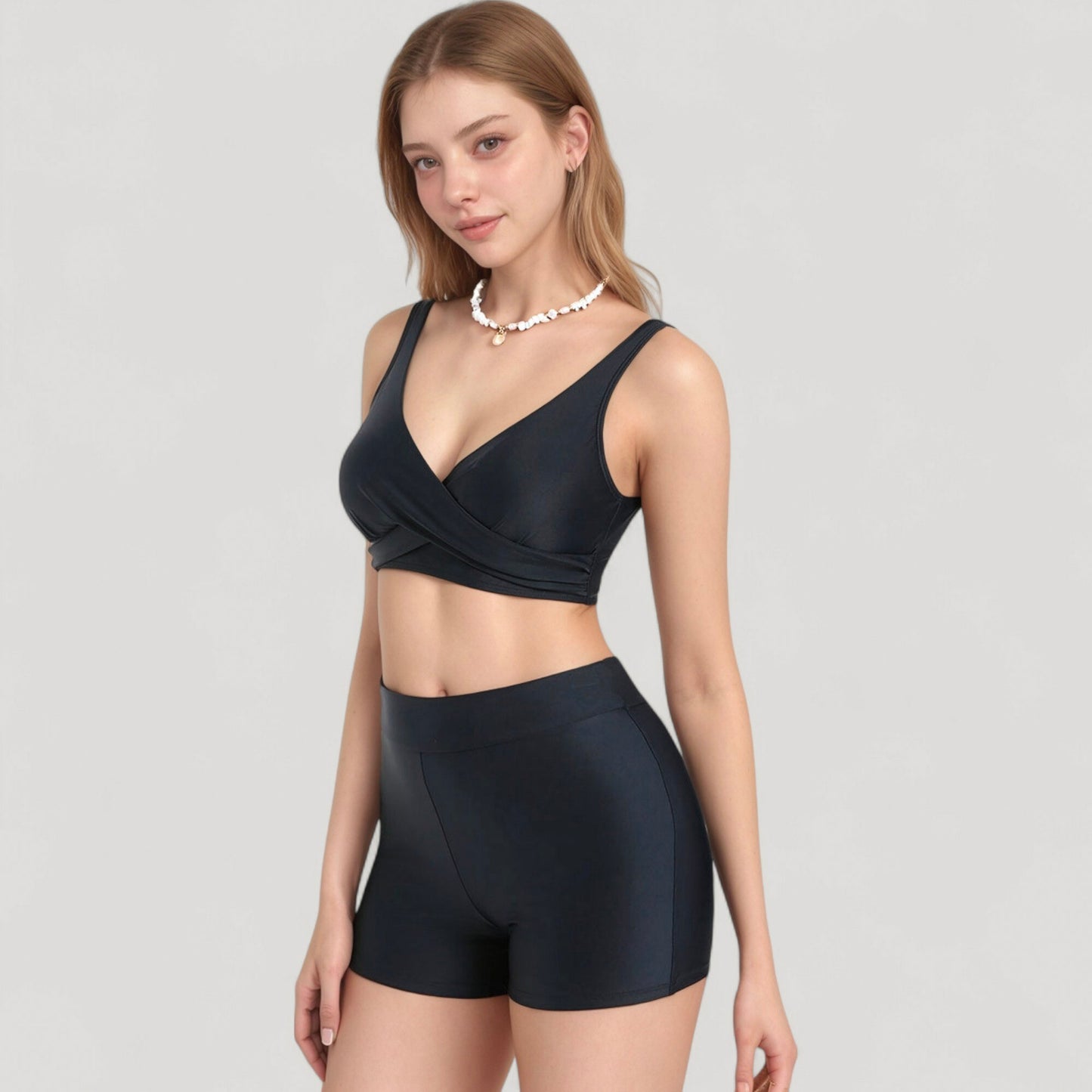 Anna-Kaci Swim Women's Twist Front Bikini Top and High Waist Swim Shorts Set with Supportive Wide Straps and Soft Stretch Fit