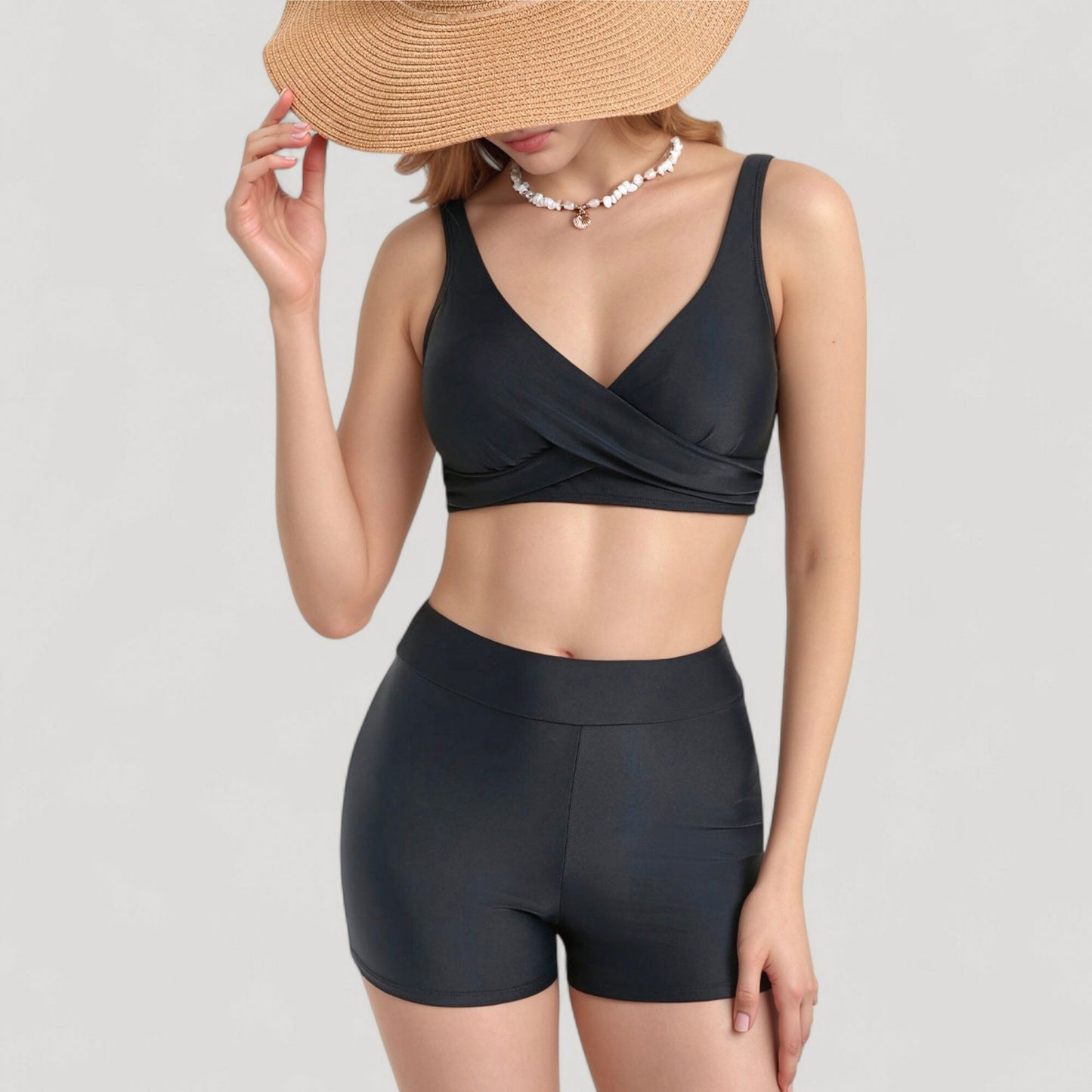 Anna-Kaci Swim Women's Twist Front Bikini Top and High Waist Swim Shorts Set with Supportive Wide Straps and Soft Stretch Fit