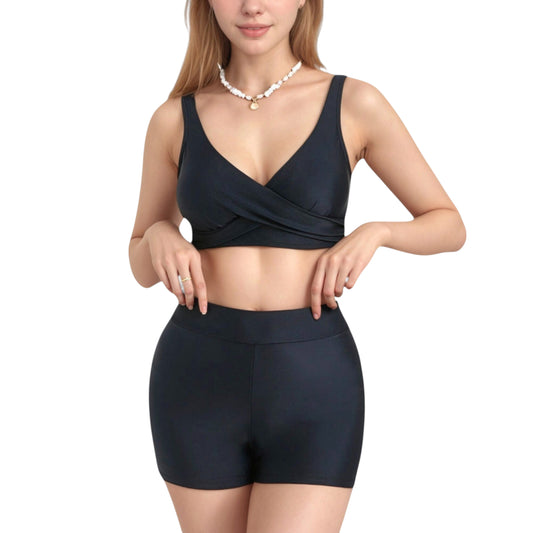 Anna-Kaci Swim Women's Twist Front Bikini Top and High Waist Swim Shorts Set with Supportive Wide Straps and Soft Stretch Fit