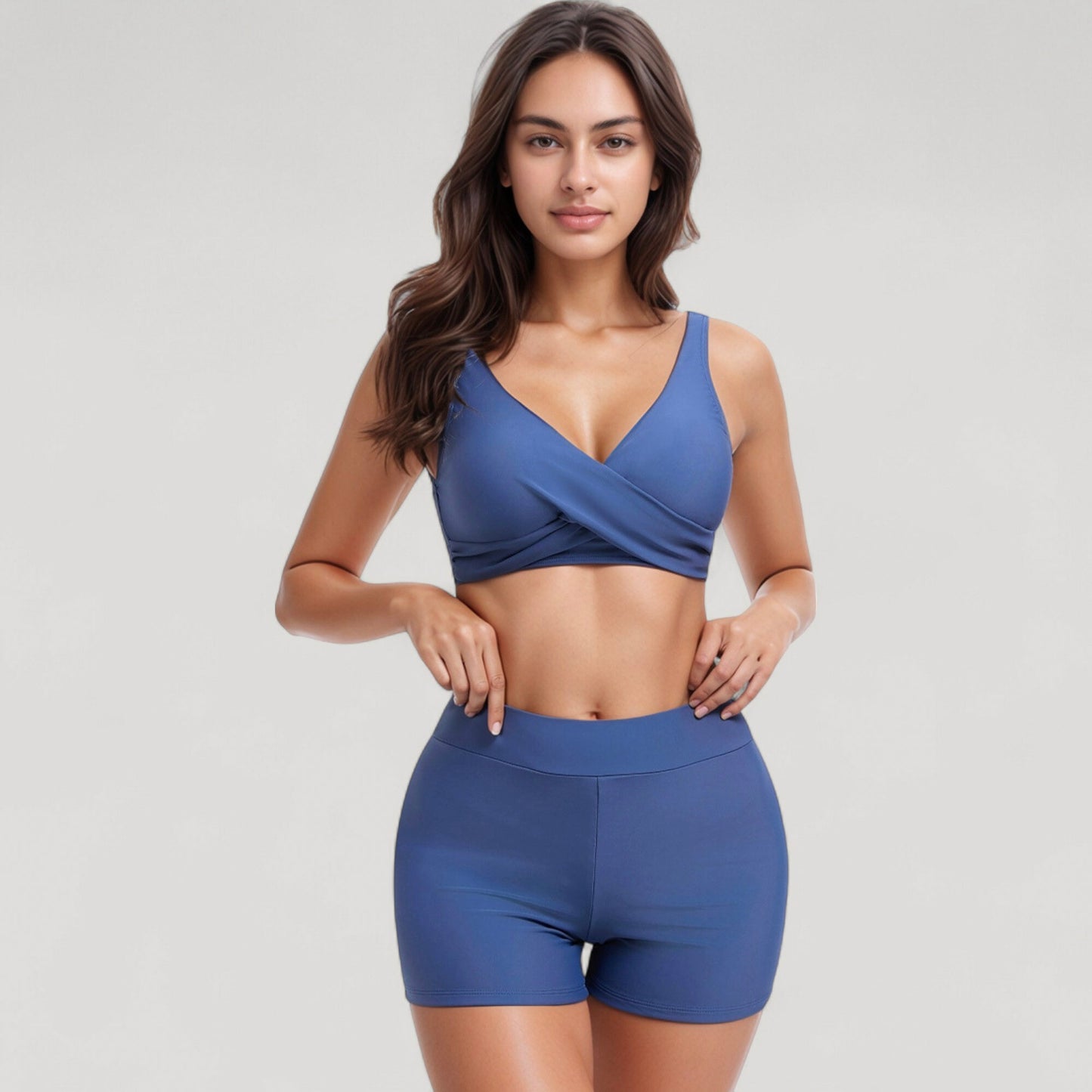 Anna-Kaci Swim Women's Twist Front Bikini Top and High Waist Swim Shorts Set with Supportive Wide Straps and Soft Stretch Fit