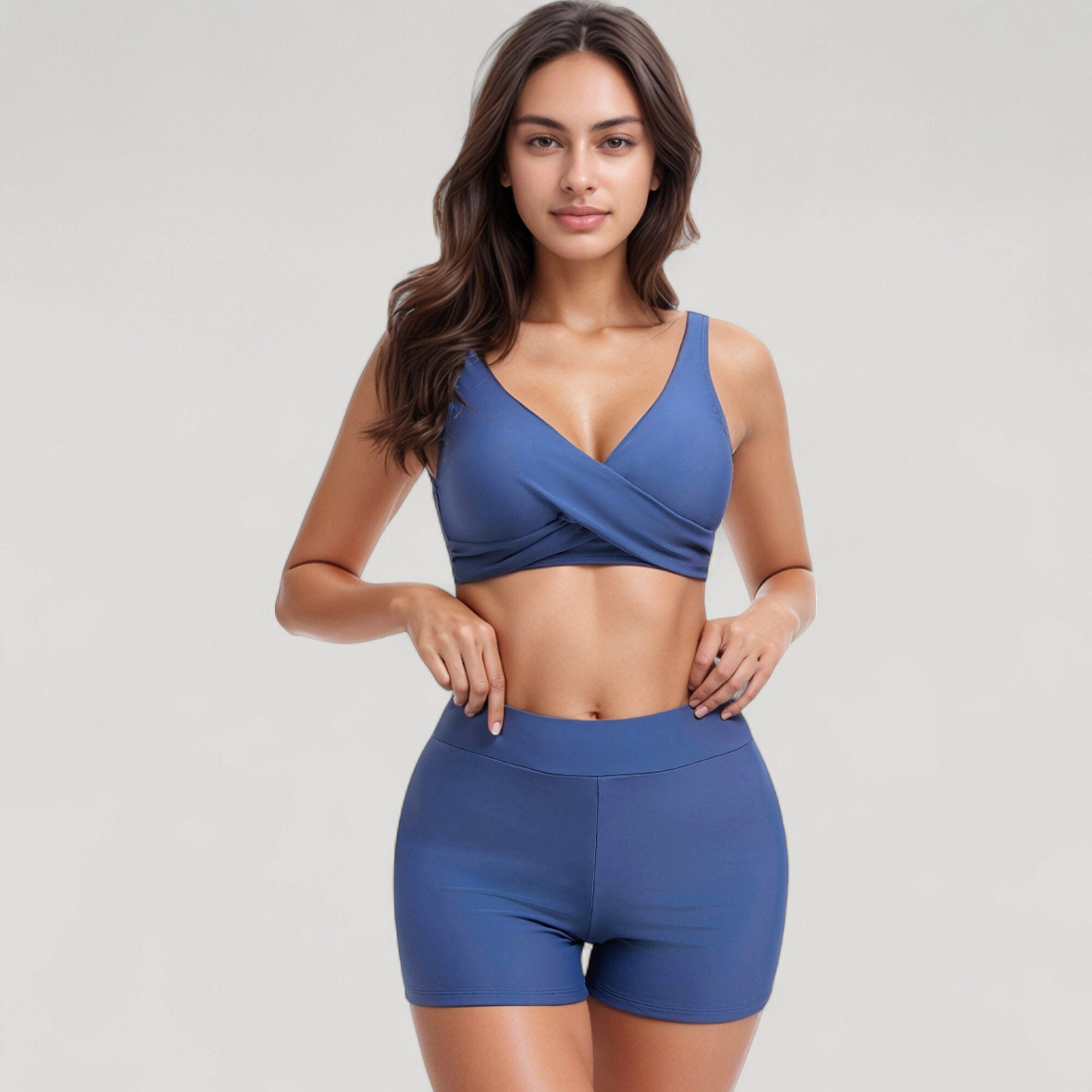 Anna-Kaci Swim Women's Twist Front Bikini Top and High Waist Swim Shorts Set with Supportive Wide Straps and Soft Stretch Fit