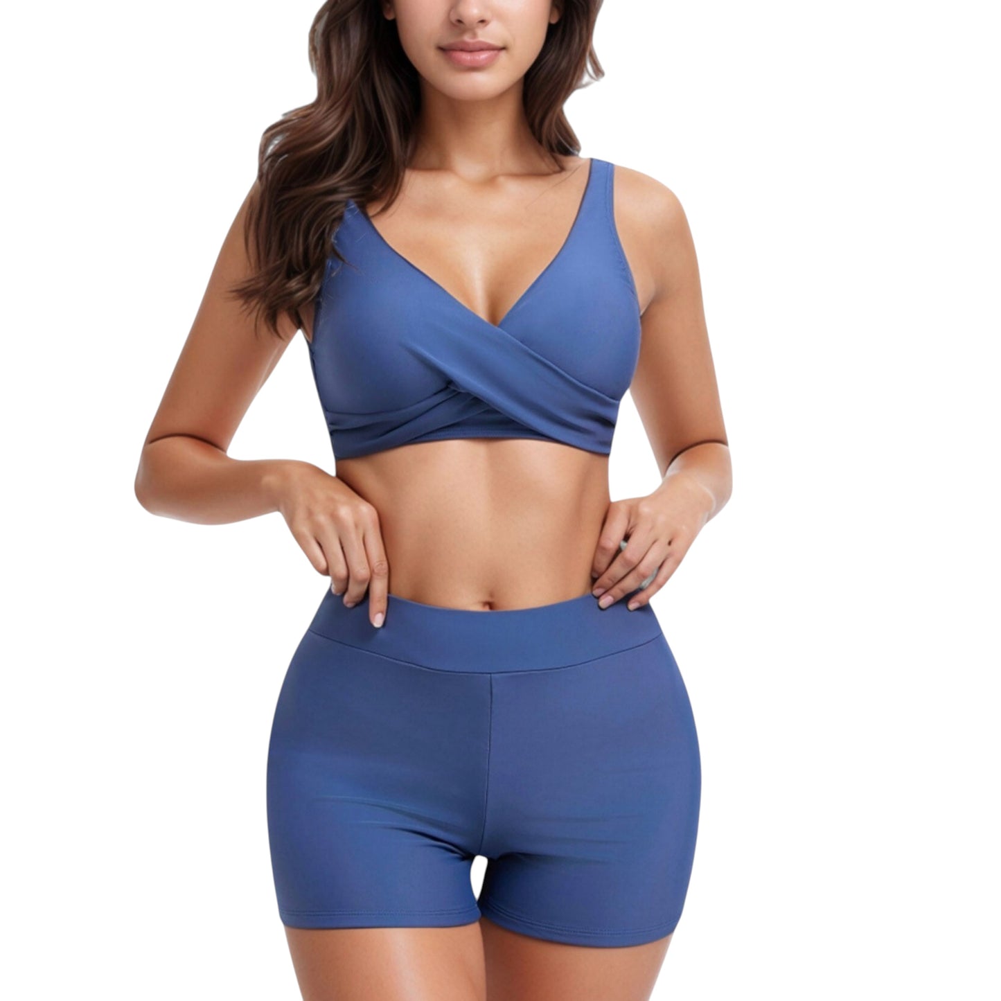 Anna-Kaci Swim Women's Twist Front Bikini Top and High Waist Swim Shorts Set with Supportive Wide Straps and Soft Stretch Fit