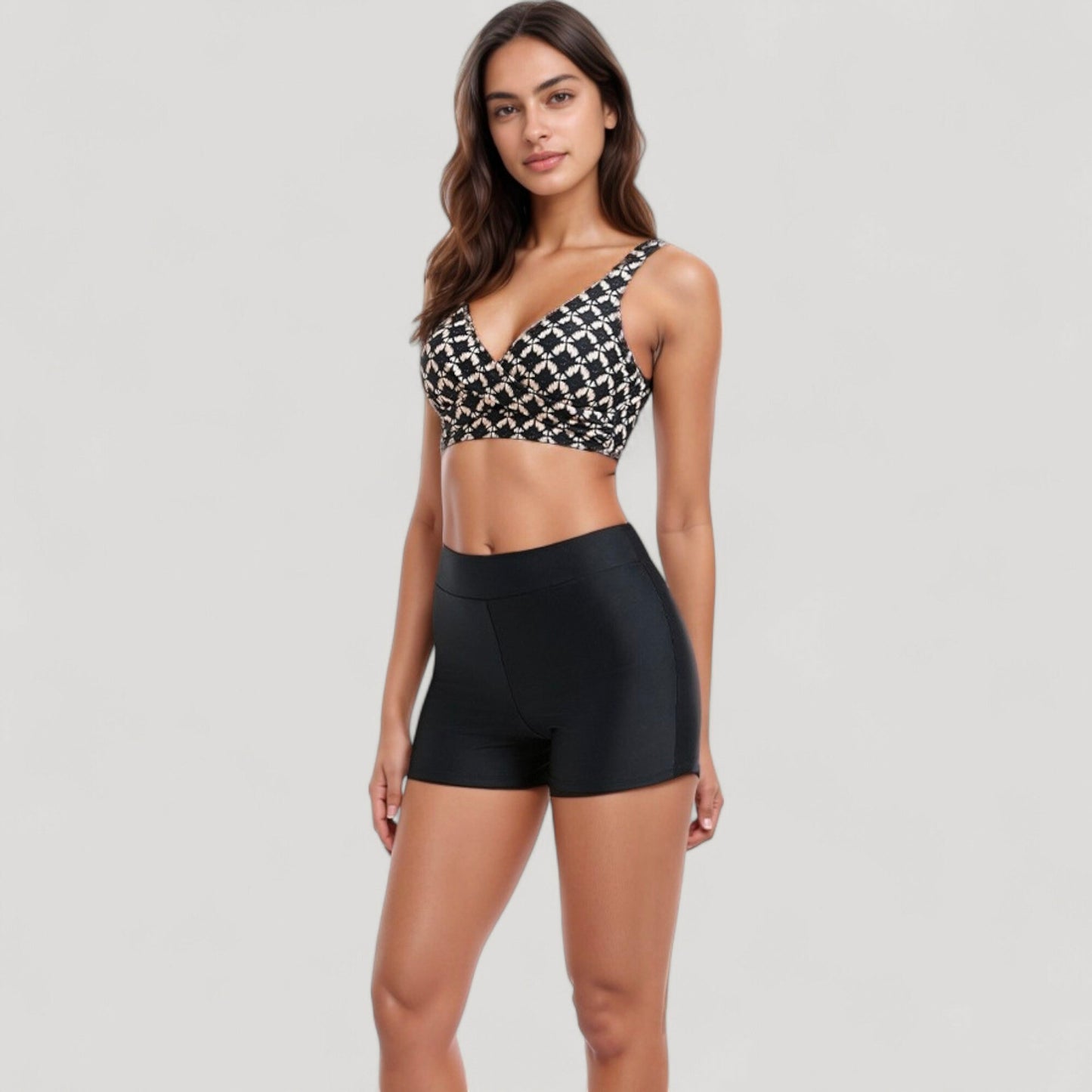 Anna-Kaci Swim Women's Twist Front Bikini Top and High Waist Swim Shorts Set with Supportive Wide Straps and Soft Stretch Fit
