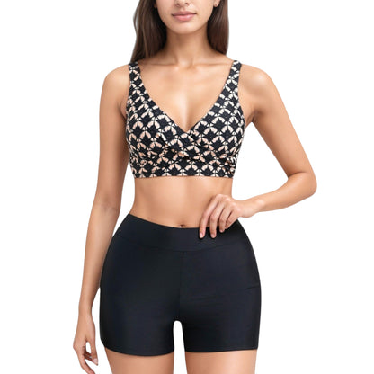 Anna-Kaci Swim Women's Twist Front Bikini Top and High Waist Swim Shorts Set with Supportive Wide Straps and Soft Stretch Fit