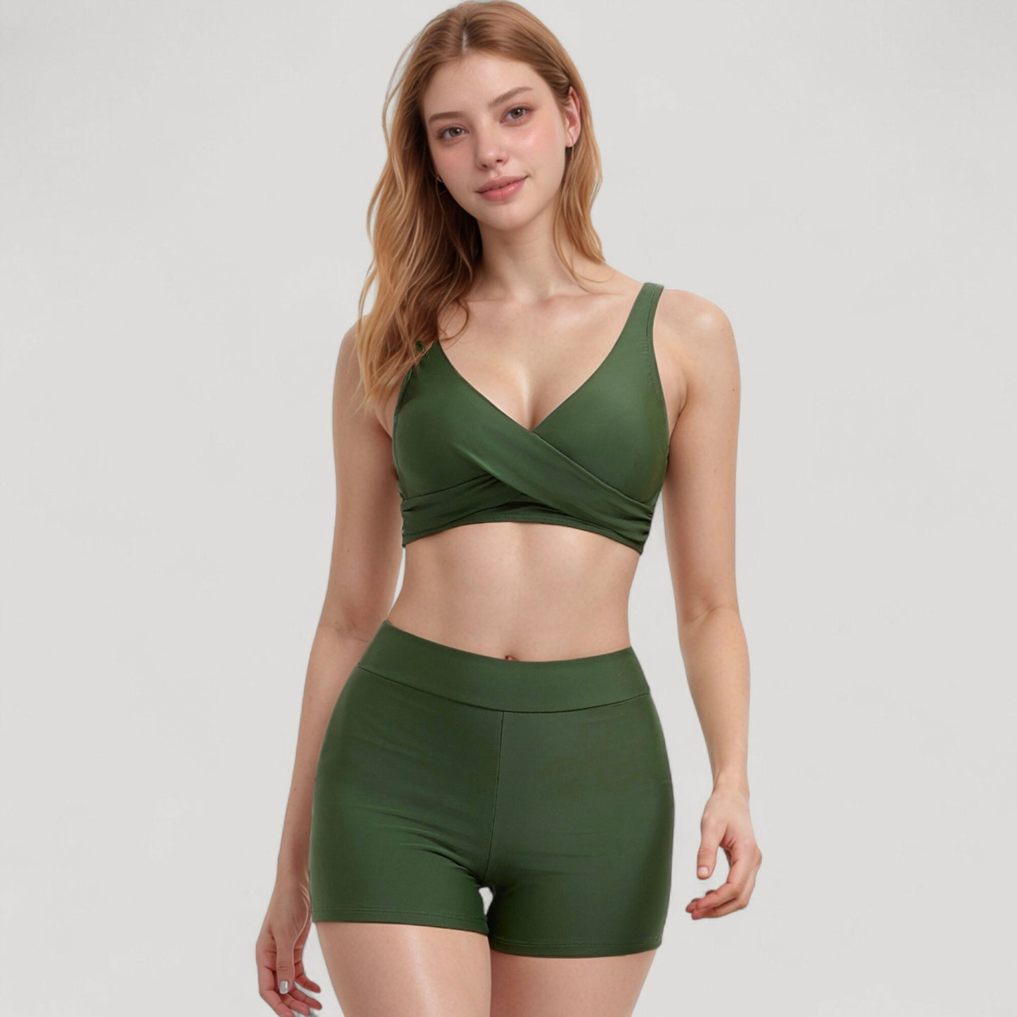 Anna-Kaci Swim Women's Twist Front Bikini Top and High Waist Swim Shorts Set with Supportive Wide Straps and Soft Stretch Fit