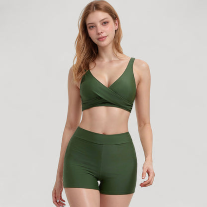 Anna-Kaci Swim Women's Twist Front Bikini Top and High Waist Swim Shorts Set with Supportive Wide Straps and Soft Stretch Fit