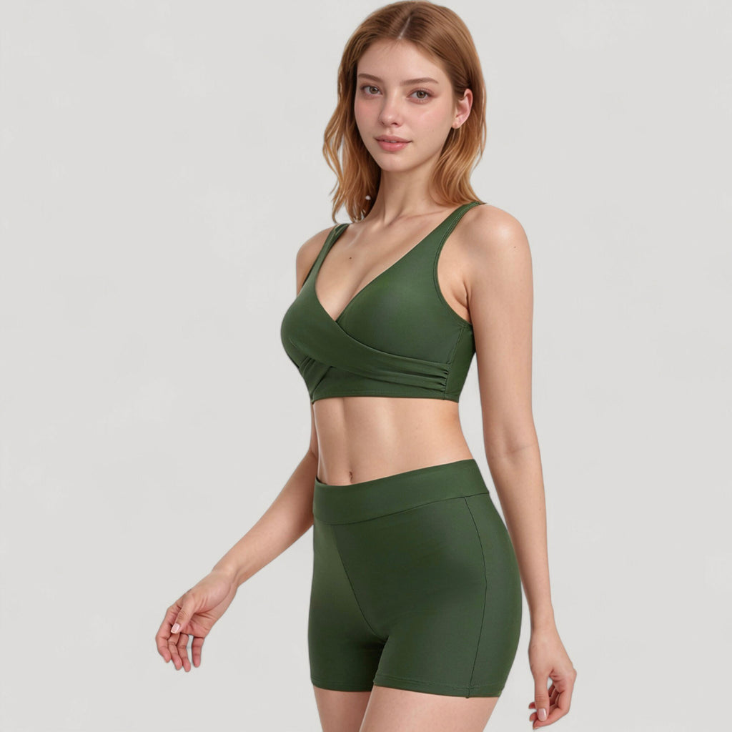 Anna-Kaci Swim Women's Twist Front Bikini Top and High Waist Swim Shorts Set with Supportive Wide Straps and Soft Stretch Fit