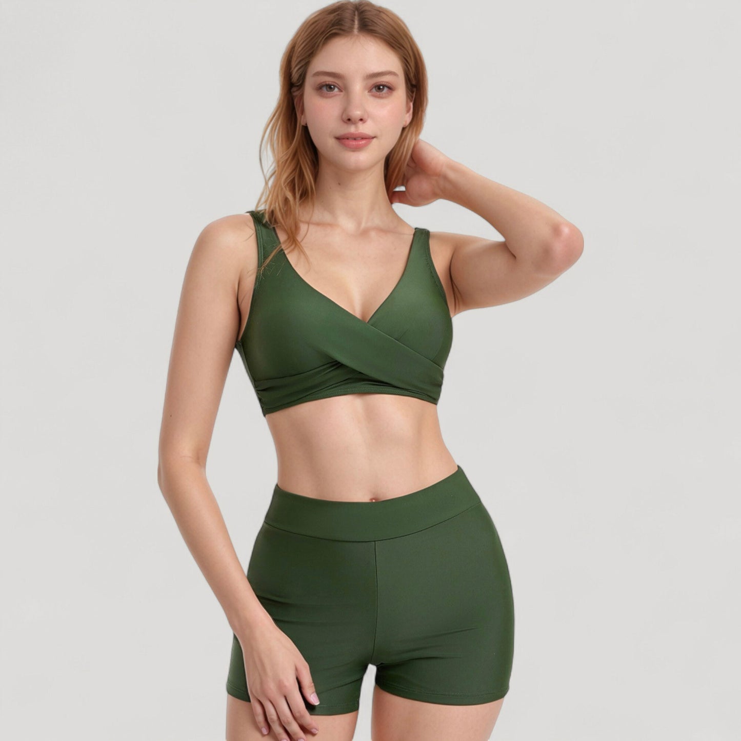 Anna-Kaci Swim Women's Twist Front Bikini Top and High Waist Swim Shorts Set with Supportive Wide Straps and Soft Stretch Fit