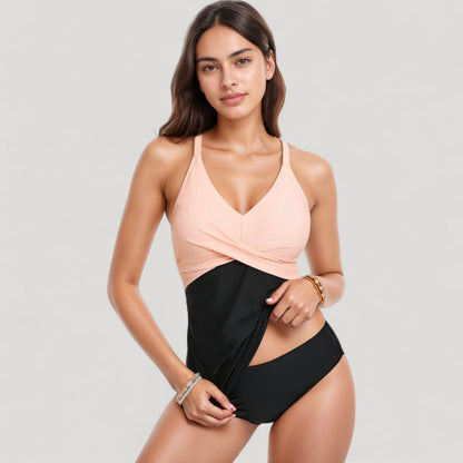 Anna-Kaci Swim Women's Twist Front One Piece Swimsuit with Ruched Waist Panel and Adjustable Straps for Flattering Shaping and Support