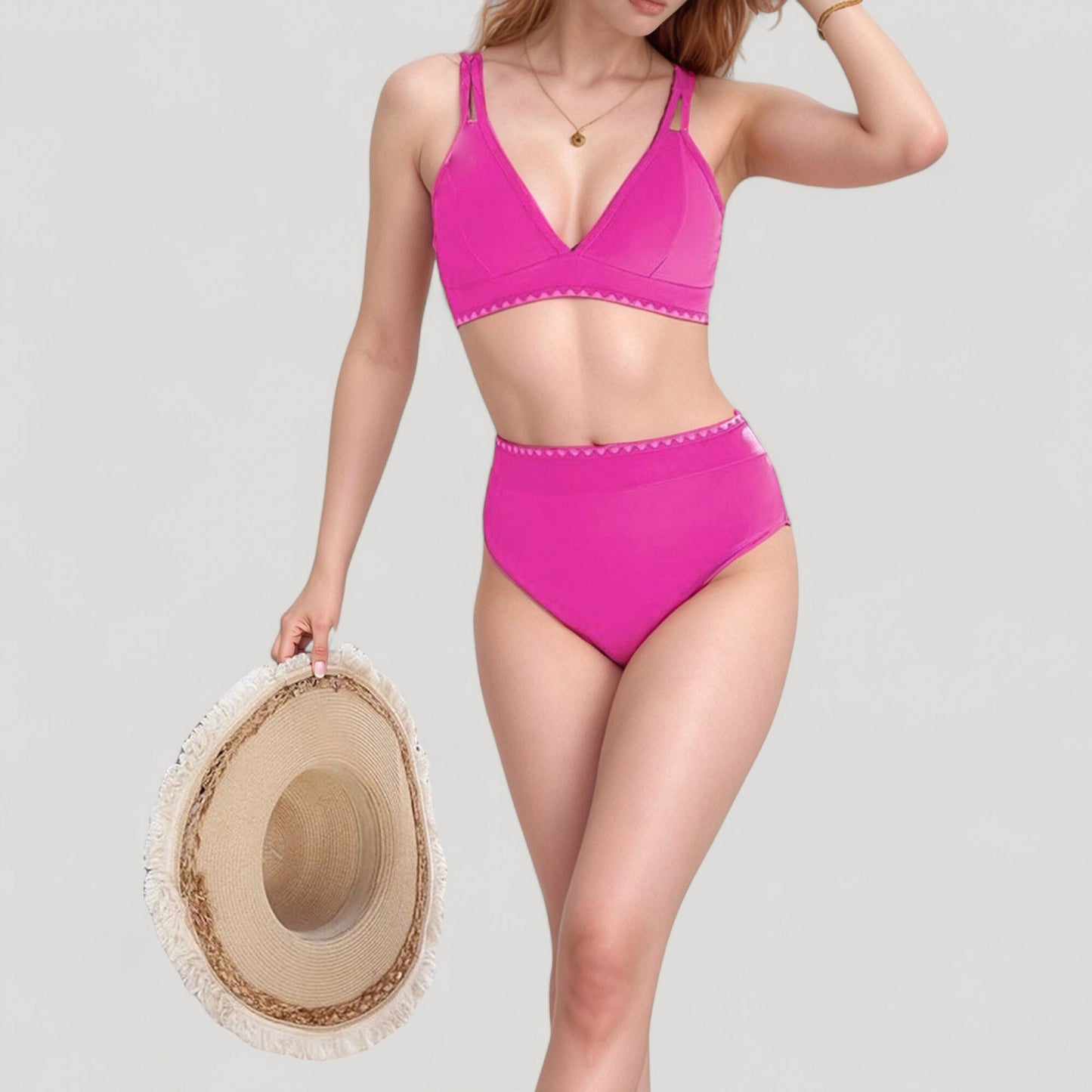 Anna-Kaci Swim Women's High Waist Bikini Set with Triangle Trim Details and Adjustable Straps for a Supportive and Flattering Beachwear Look