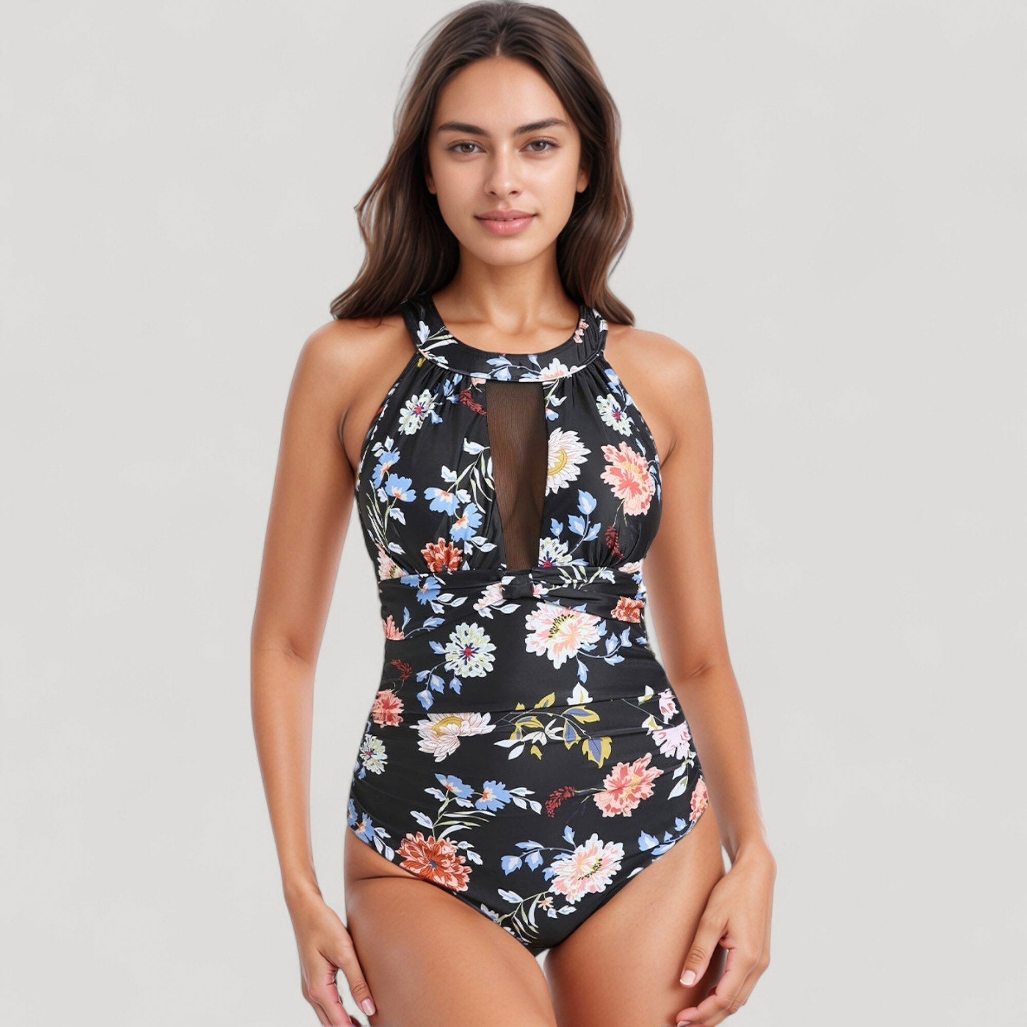 Anna-Kaci Swim Women's Halter Neck One Piece Swimsuit with Keyhole Front Detail and Floral Patterned Bodice for a Feminine and Flattering Look