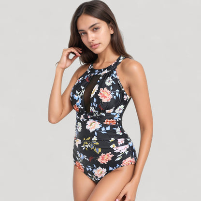 Anna-Kaci Swim Women's Halter Neck One Piece Swimsuit with Keyhole Front Detail and Floral Patterned Bodice for a Feminine and Flattering Look