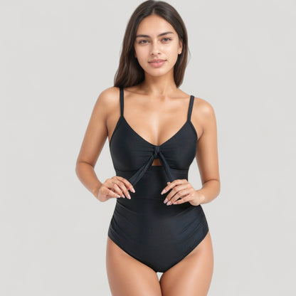 Anna-Kaci Swim Women's V-Neck One Piece Swimsuit with Front Tie Detail and Subtle Ruching