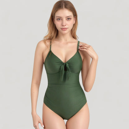 Anna-Kaci Swim Women's V-Neck One Piece Swimsuit with Front Tie Detail and Subtle Ruching