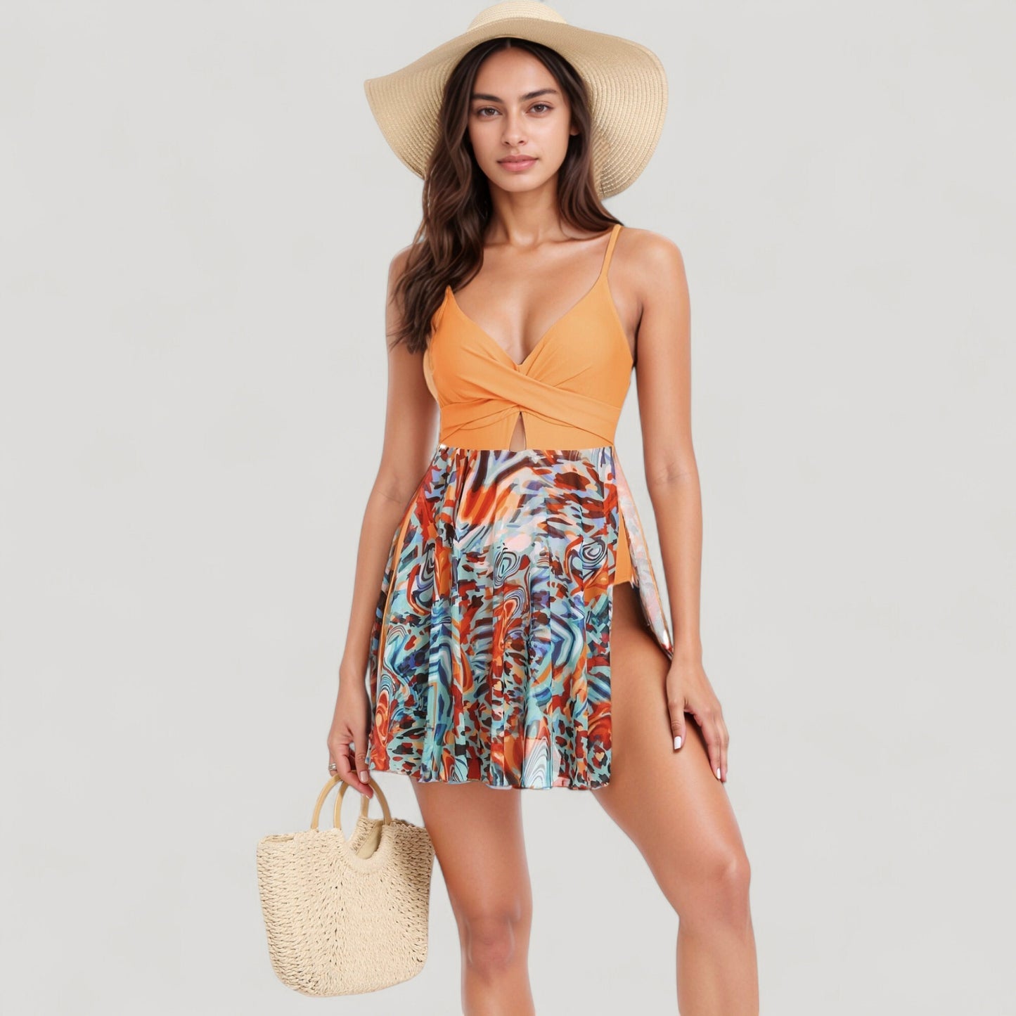 Anna-Kaci Swim Women's One Piece Swim Dress with Twist Front Bodice and Sheer Mesh Skirt Overlay