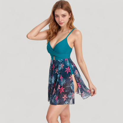 Anna-Kaci Swim Women's One Piece Swim Dress with Twist Front Bodice and Sheer Mesh Skirt Overlay