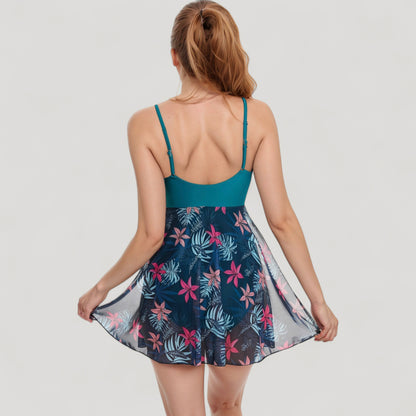 Anna-Kaci Swim Women's One Piece Swim Dress with Twist Front Bodice and Sheer Mesh Skirt Overlay