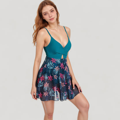 Anna-Kaci Swim Women's One Piece Swim Dress with Twist Front Bodice and Sheer Mesh Skirt Overlay