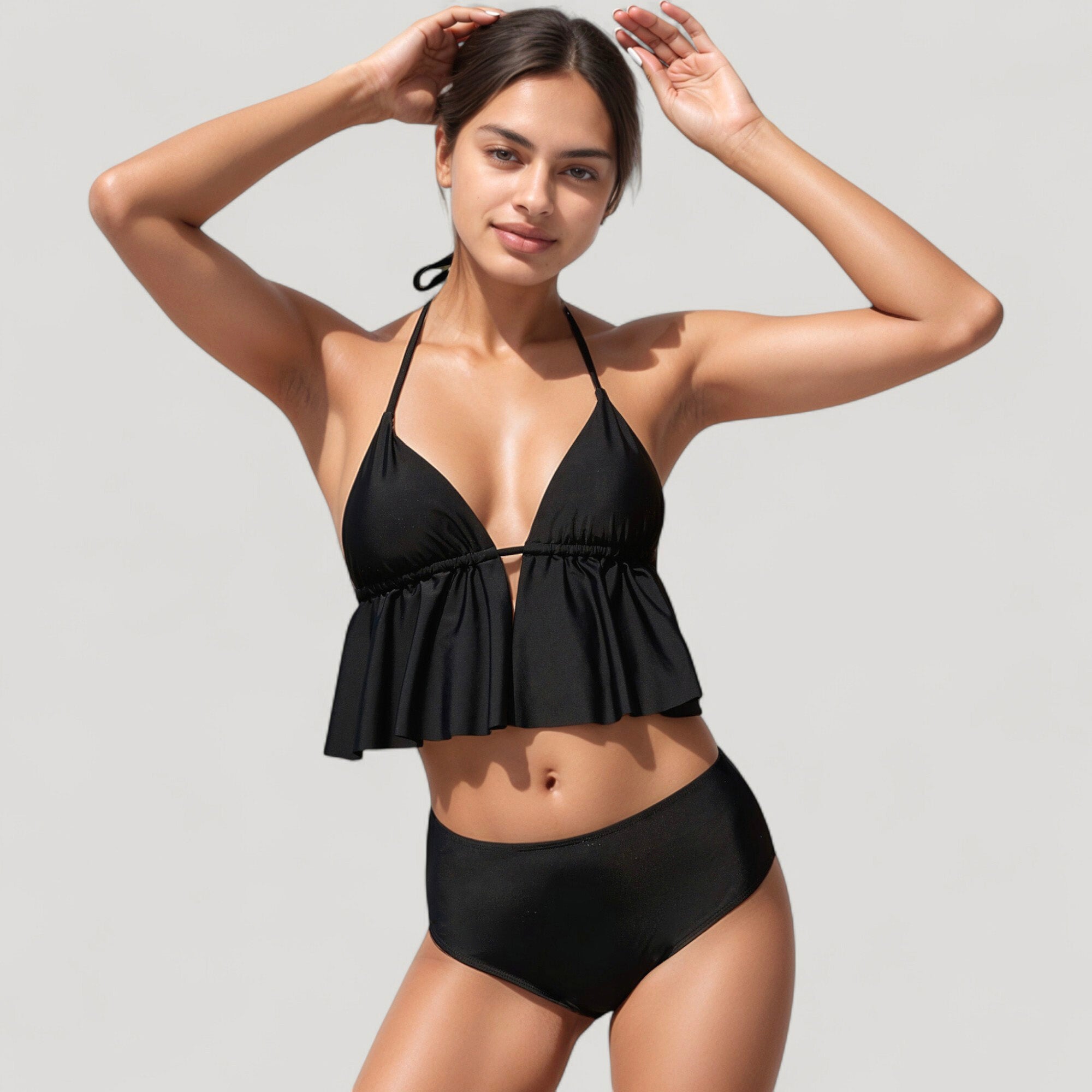 Anna-Kaci Swim Women's Halter Bikini Set with Ruffle Tank Style Top and High Waist Bottoms