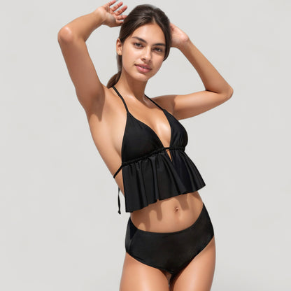 Anna-Kaci Swim Women's Halter Bikini Set with Ruffle Tank Style Top and High Waist Bottoms