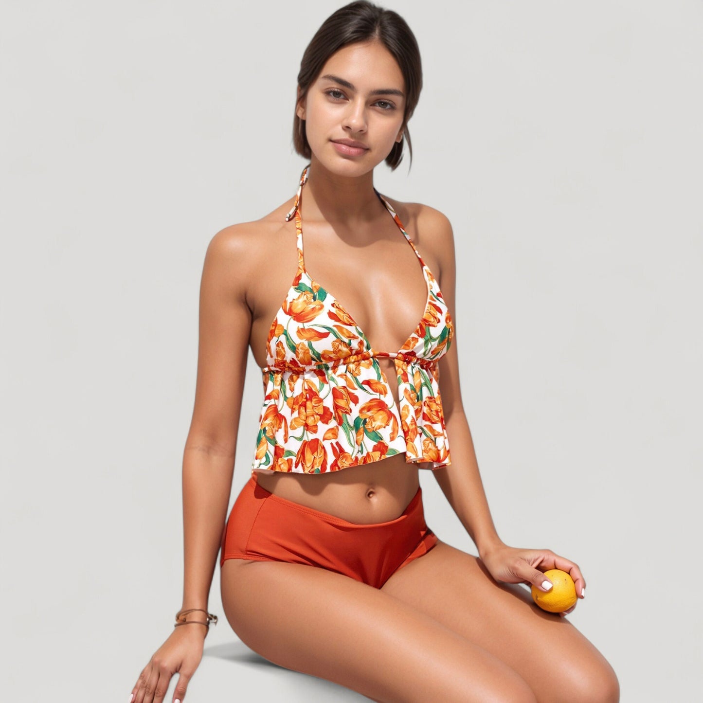 Anna-Kaci Swim Women's Halter Bikini Set with Ruffle Tank Style Top and High Waist Bottoms