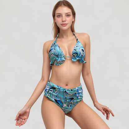 Anna-Kaci Swim Women's Ruffle Trim Swirl Print Halter Bikini Set with High Waist Bottoms