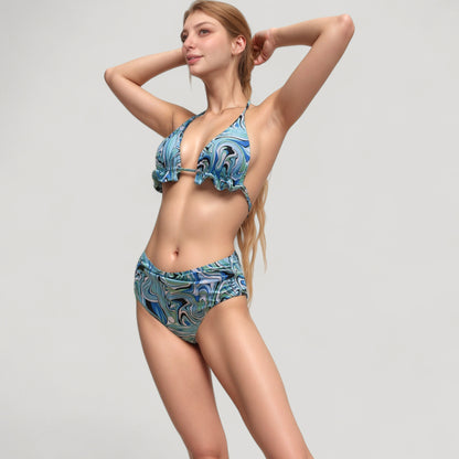 Anna-Kaci Swim Women's Ruffle Trim Swirl Print Halter Bikini Set with High Waist Bottoms