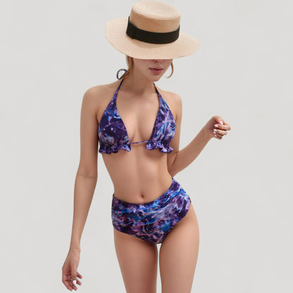 Anna-Kaci Swim Women's Ruffle Trim Swirl Print Halter Bikini Set with High Waist Bottoms