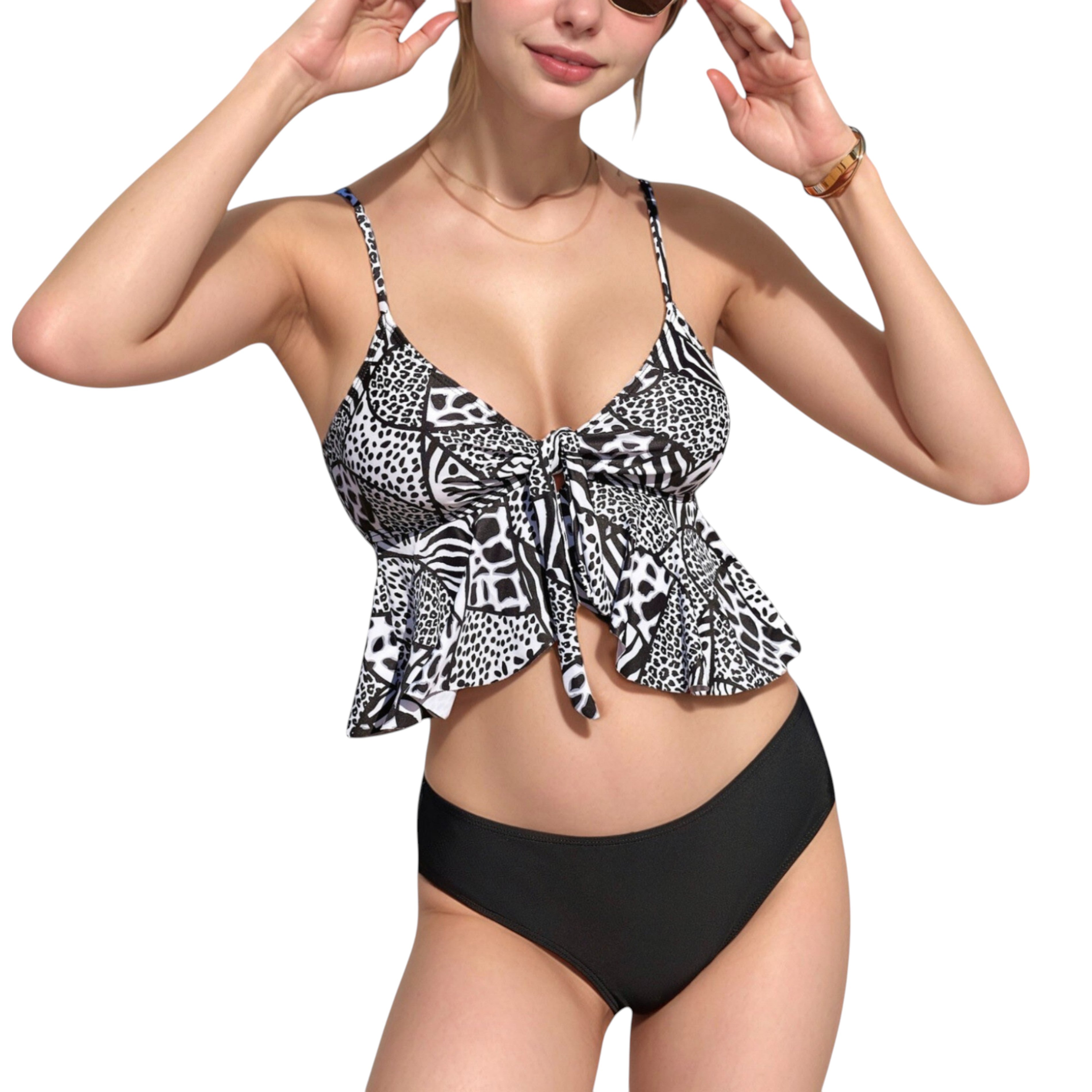 Anna-Kaci Swim Women's Ruffle Tankini Bikini Set with Tropical Leaf Print Bow Front Detail and Adjustable Straps for a Comfortable Fit