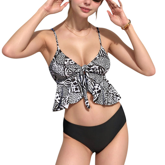 Anna-Kaci Swim Women's Ruffle Tankini Bikini Set with Tropical Leaf Print Bow Front Detail and Adjustable Straps for a Comfortable Fit