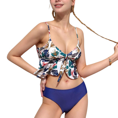 Anna-Kaci Swim Women's Ruffle Tankini Bikini Set with Tropical Leaf Print Bow Front Detail and Adjustable Straps for a Comfortable Fit