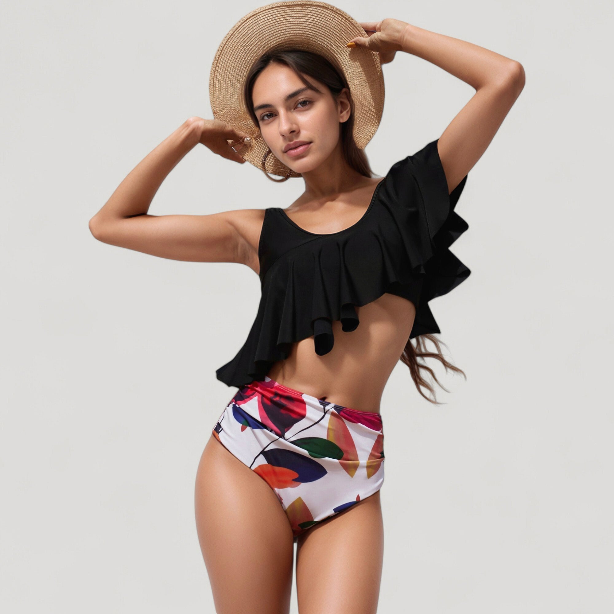 Anna-Kaci Swim Women's One Shoulder Ruffle Bikini Top with High Waist Abstract Print Bottom for a Bold and Flattering Swim Look