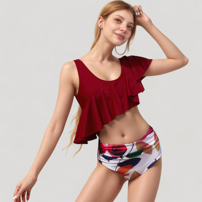 Anna-Kaci Swim Women's One Shoulder Ruffle Bikini Top with High Waist Abstract Print Bottom for a Bold and Flattering Swim Look
