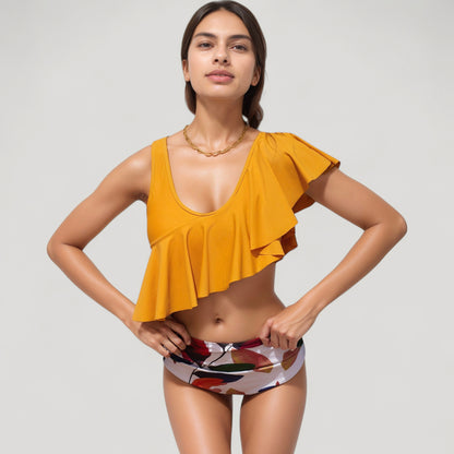 Anna-Kaci Swim Women's One Shoulder Ruffle Bikini Top with High Waist Abstract Print Bottom for a Bold and Flattering Swim Look