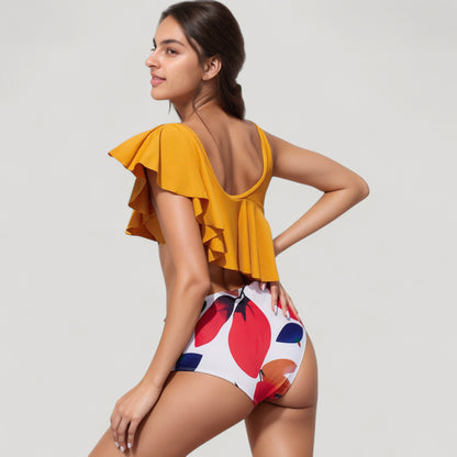 Anna-Kaci Swim Women's One Shoulder Ruffle Bikini Top with High Waist Abstract Print Bottom for a Bold and Flattering Swim Look