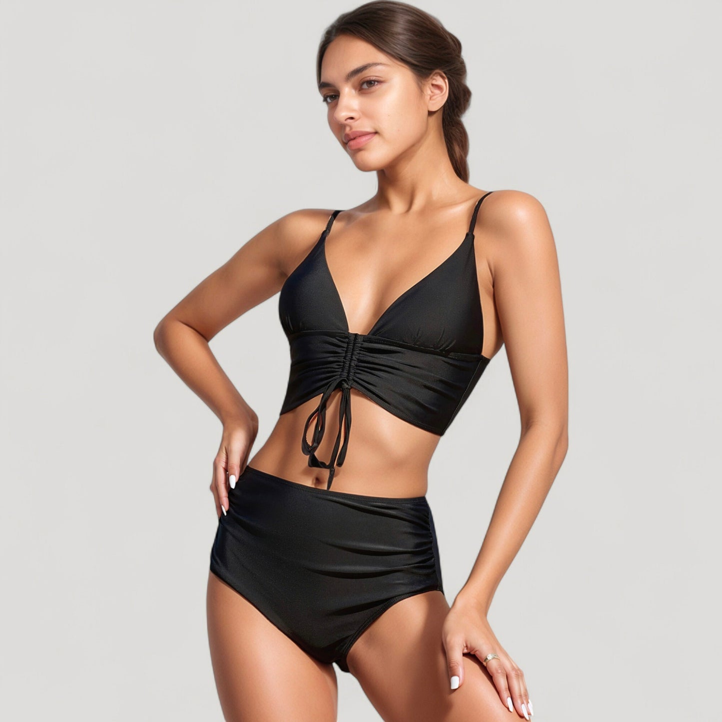 Anna-Kaci Swim Women's Adjustable Drawstring Bikini Top with High Waist Bottoms for a Sleek and Flattering Two-Piece Swim Set