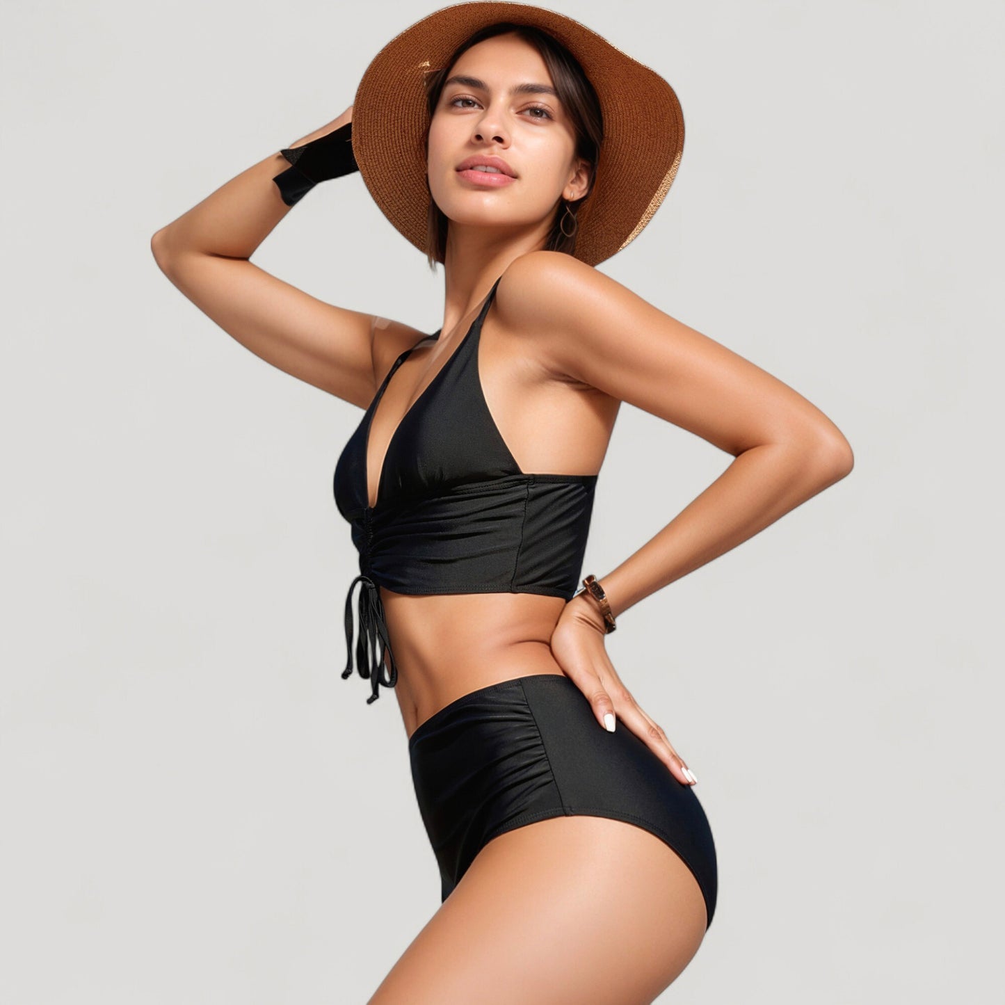 Anna-Kaci Swim Women's Adjustable Drawstring Bikini Top with High Waist Bottoms for a Sleek and Flattering Two-Piece Swim Set
