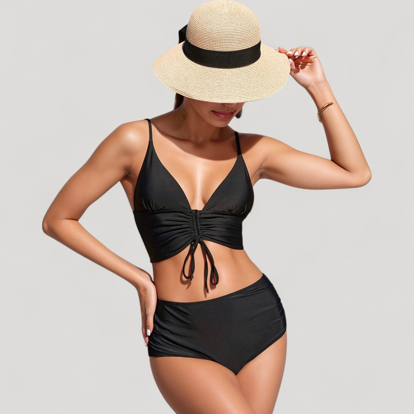 Anna-Kaci Swim Women's Adjustable Drawstring Bikini Top with High Waist Bottoms for a Sleek and Flattering Two-Piece Swim Set