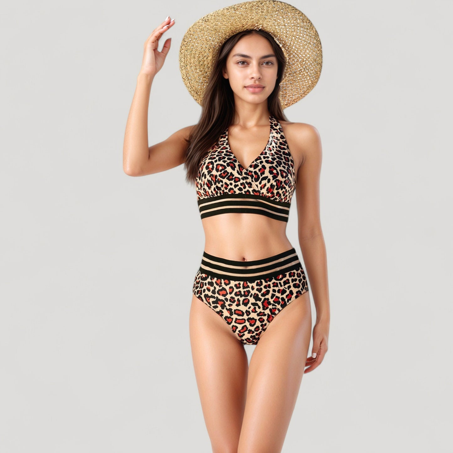 Anna-Kaci Swim Women's Leopard Print Bikini Set with Striped Elastic Halter Top and High Waist Bottoms for a Sporty Wild Look