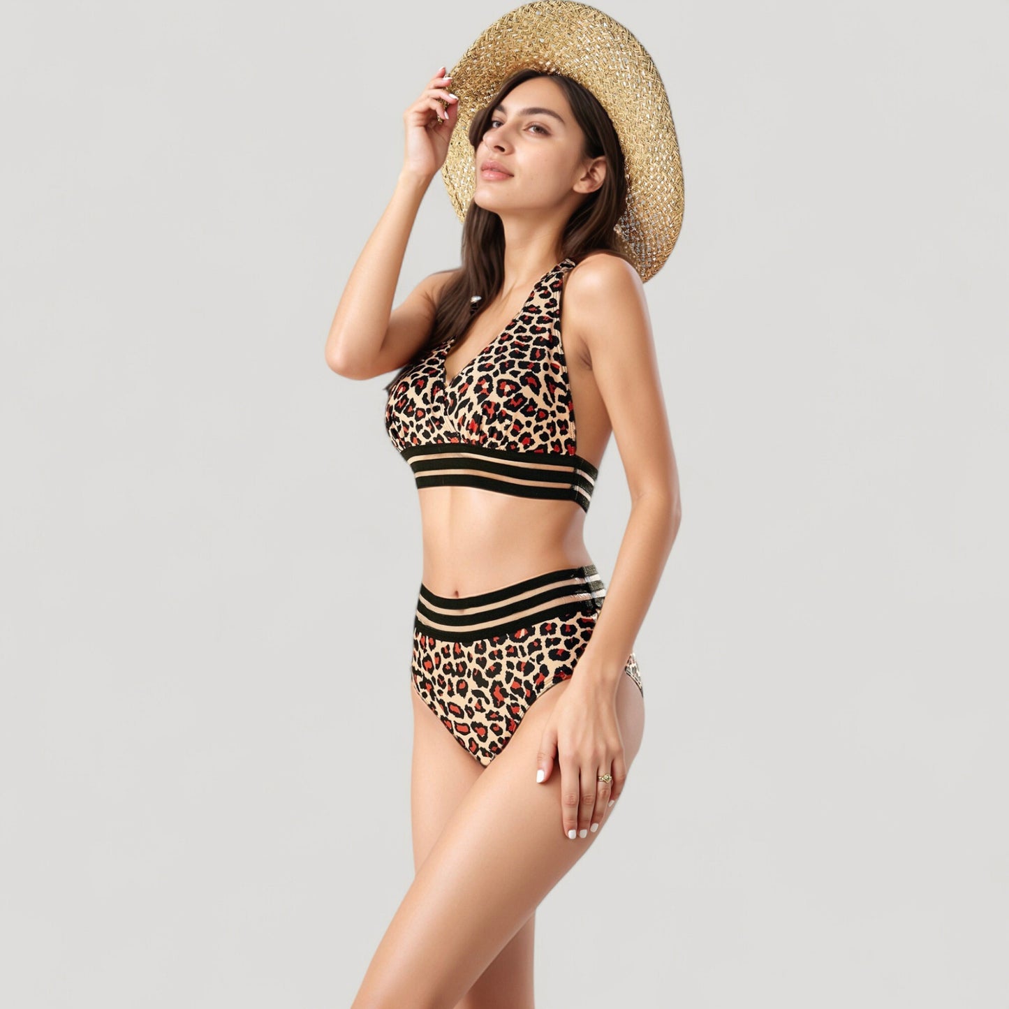 Anna-Kaci Swim Women's Leopard Print Bikini Set with Striped Elastic Halter Top and High Waist Bottoms for a Sporty Wild Look
