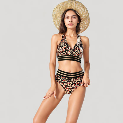 Anna-Kaci Swim Women's Leopard Print Bikini Set with Striped Elastic Halter Top and High Waist Bottoms for a Sporty Wild Look