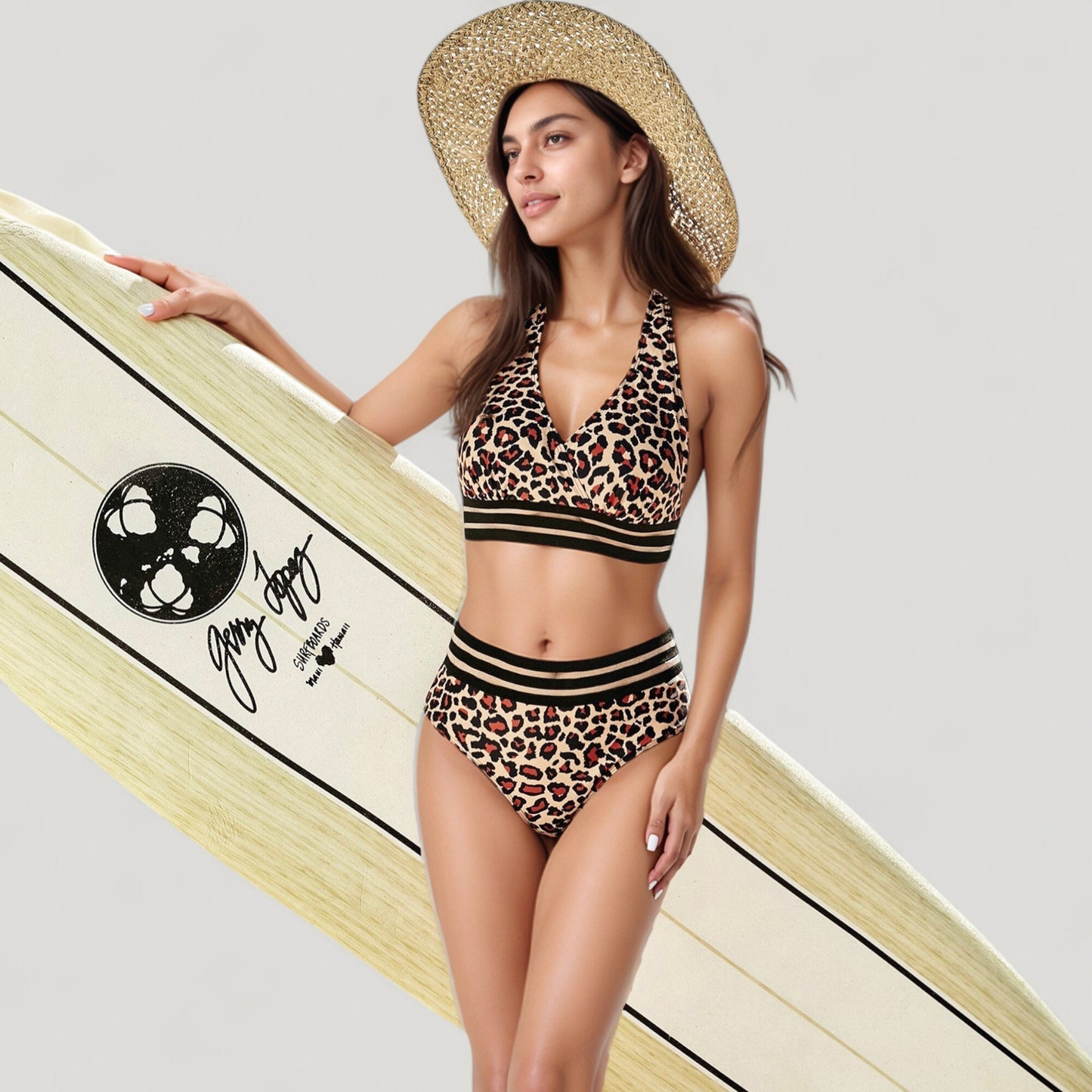 Anna-Kaci Swim Women's Leopard Print Bikini Set with Striped Elastic Halter Top and High Waist Bottoms for a Sporty Wild Look