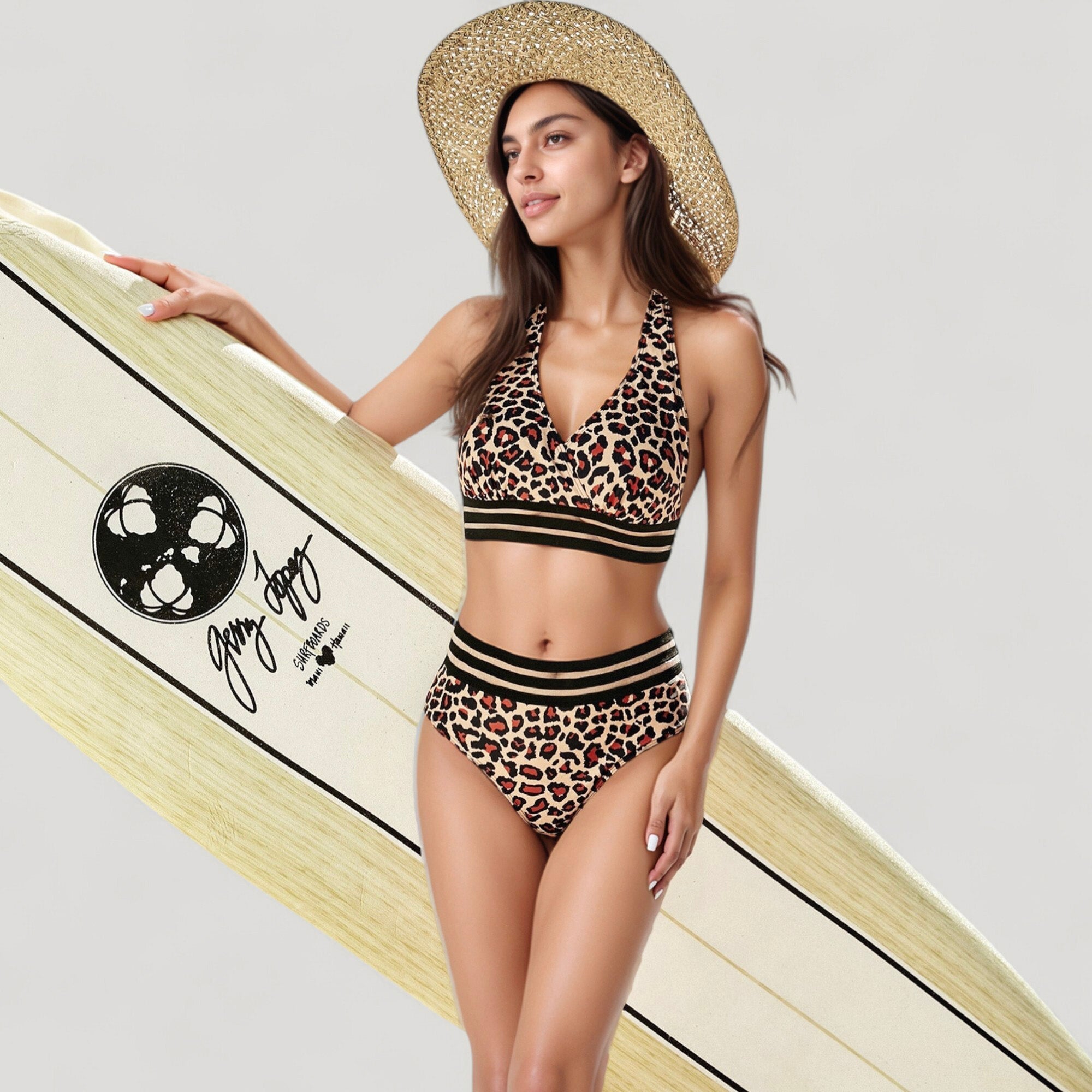 Anna-Kaci Swim Women's Leopard Print Bikini Set with Striped Elastic Halter Top and High Waist Bottoms for a Sporty Wild Look