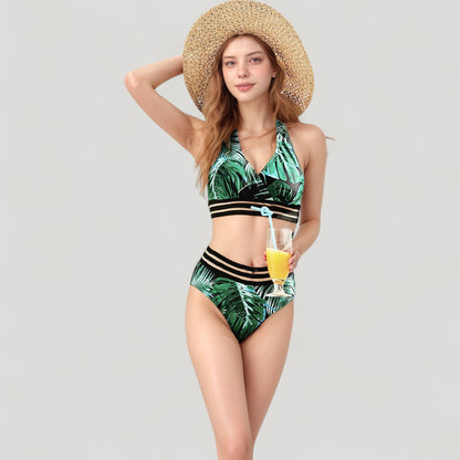 Anna-Kaci Swim Women's Leopard Print Bikini Set with Striped Elastic Halter Top and High Waist Bottoms for a Sporty Wild Look