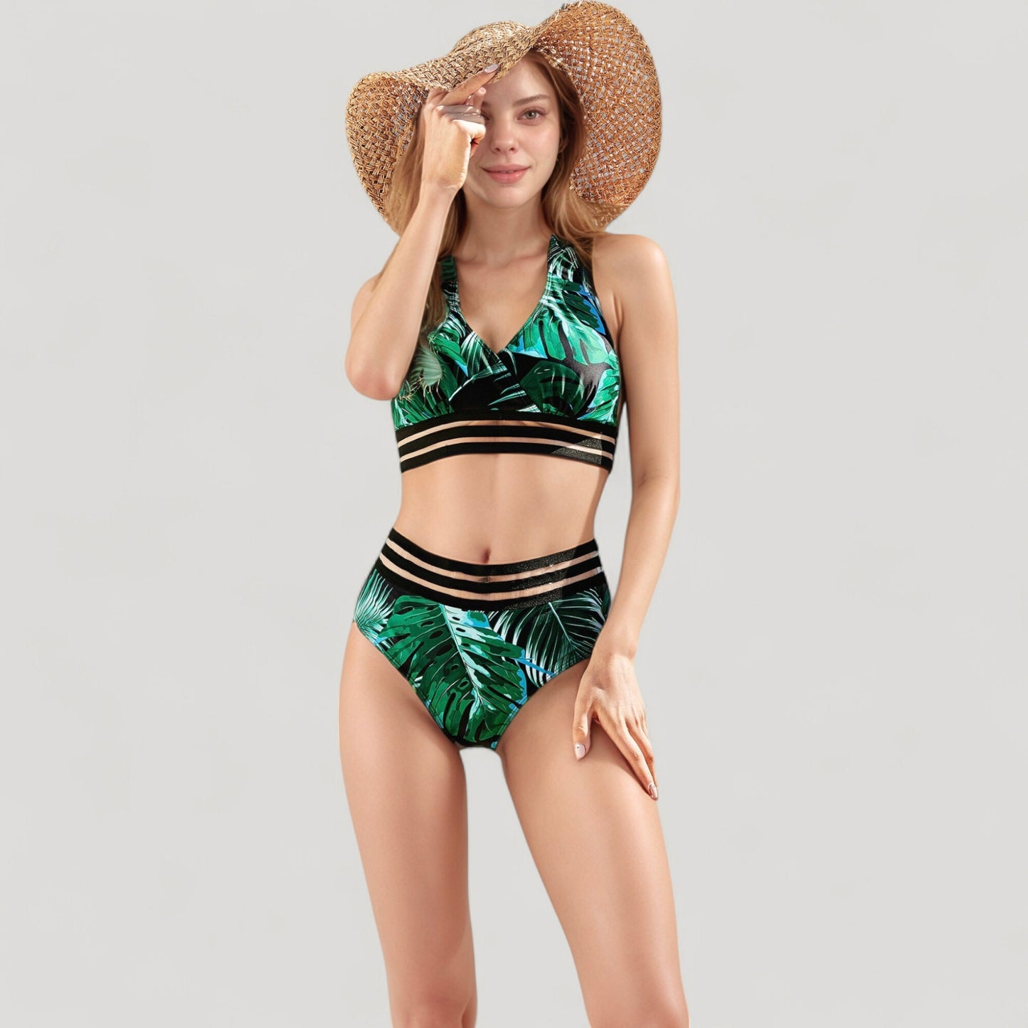 Anna-Kaci Swim Women's Leopard Print Bikini Set with Striped Elastic Halter Top and High Waist Bottoms for a Sporty Wild Look