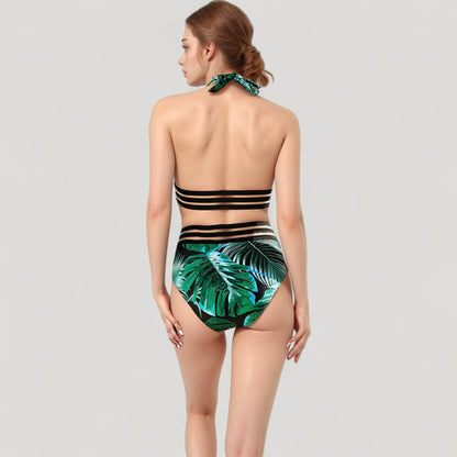 Anna-Kaci Swim Women's Leopard Print Bikini Set with Striped Elastic Halter Top and High Waist Bottoms for a Sporty Wild Look